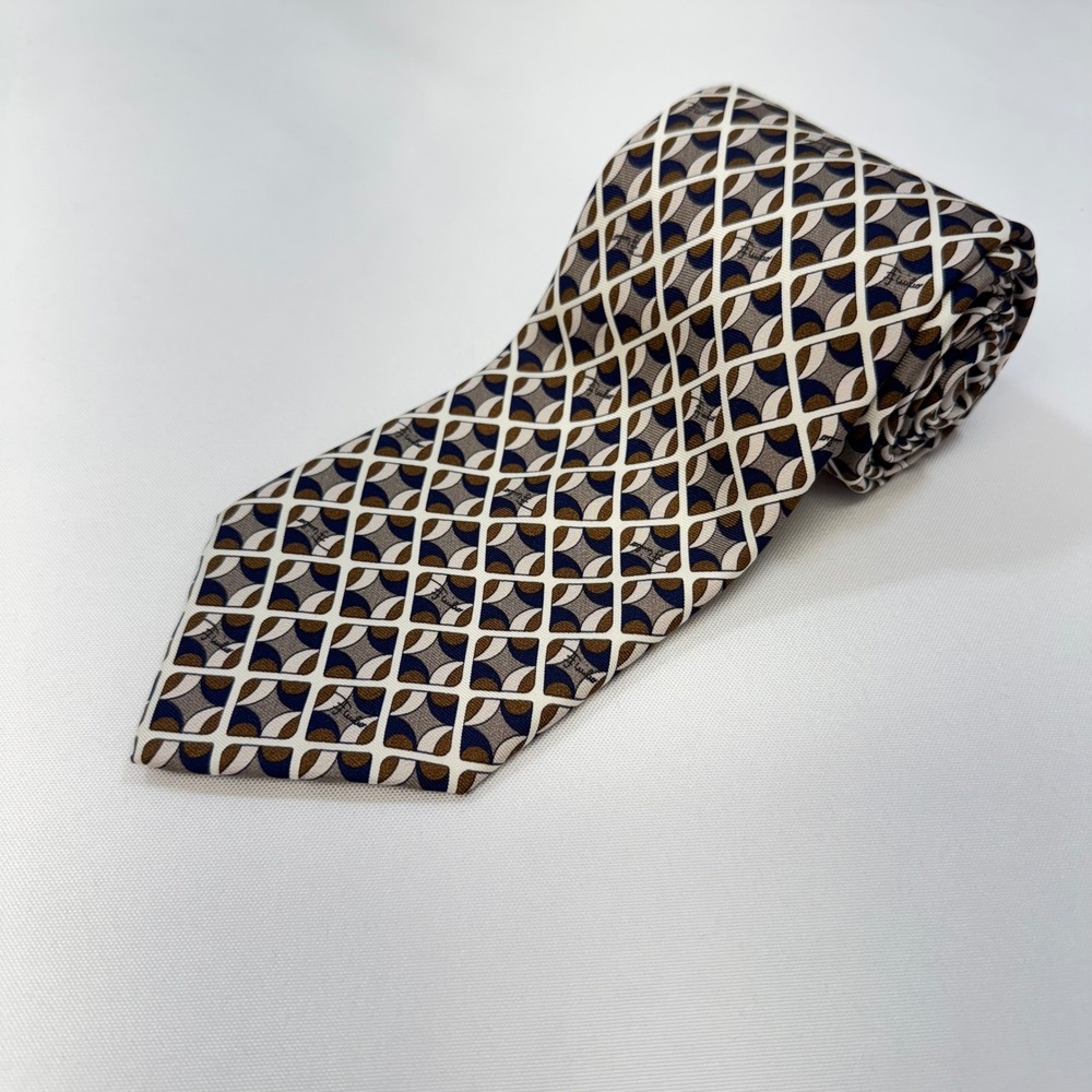 VTG Emilio Pucci Firenze 100% Silk Tie Brown Blue Geometric Made in Italy Luxury